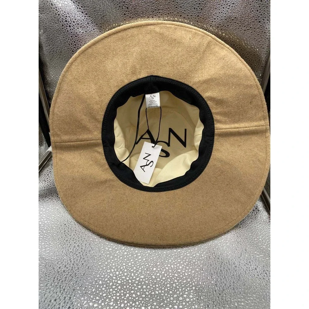 ASN Wide Brim Sun Hat Womens OS Tan Wool Blend‎ Braided Trim Floppy Fedora